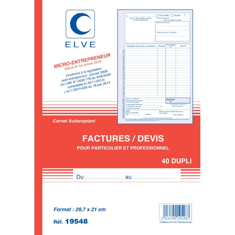 ELVE carnet de factures pour indépendants, autocopiants, A4, 40 feuilles